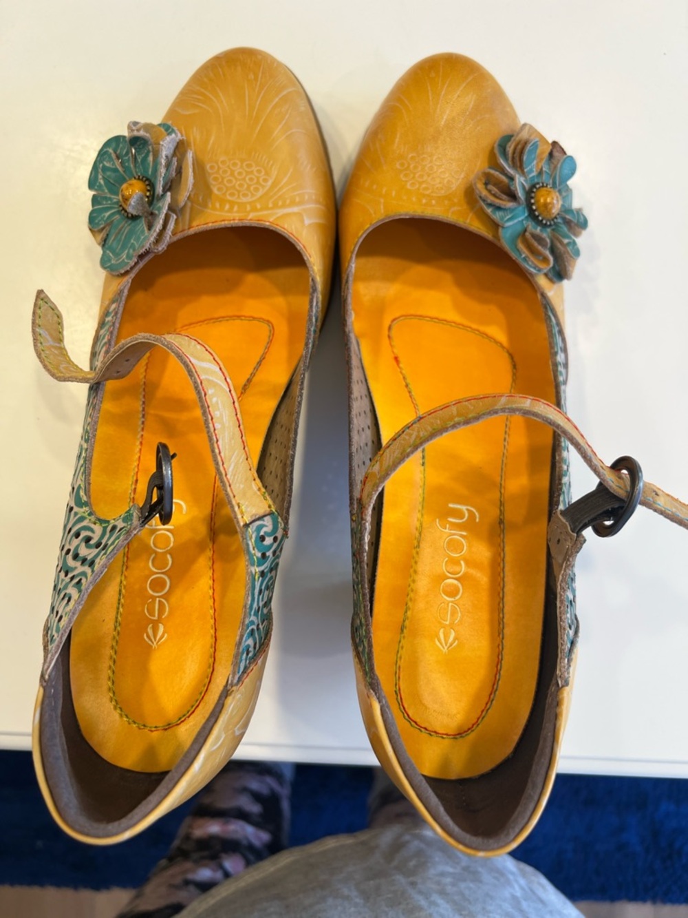 Yellow Leather Floral Heels with Teal Flower Accent